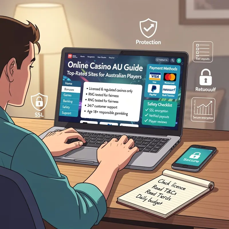 A player reviews Online Casino AU information on a laptop with payment and safety notes visible.