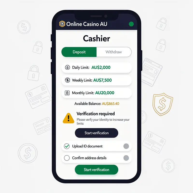 A mobile casino cashier screen shows Australian dollar limits and verification prompts for Online Casino AU.