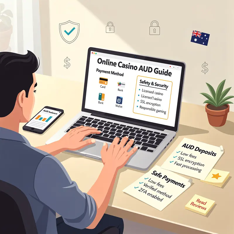A player reviews Online Casino AUD information on a laptop with payment and safety notes visible.