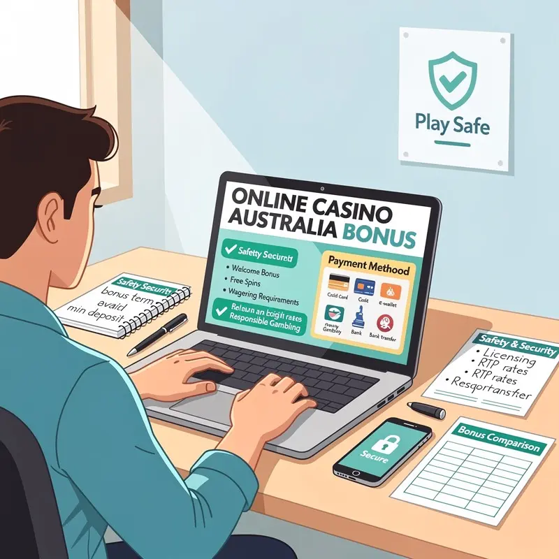 A player reviews Online Casino Australia Bonus information on a laptop with payment and safety notes visible.