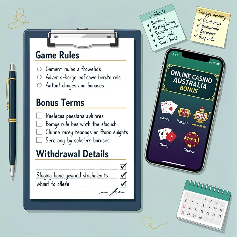 A checklist beside a phone helps compare game rules, bonus terms and withdrawal details for Online Casino Australia Bonus.
