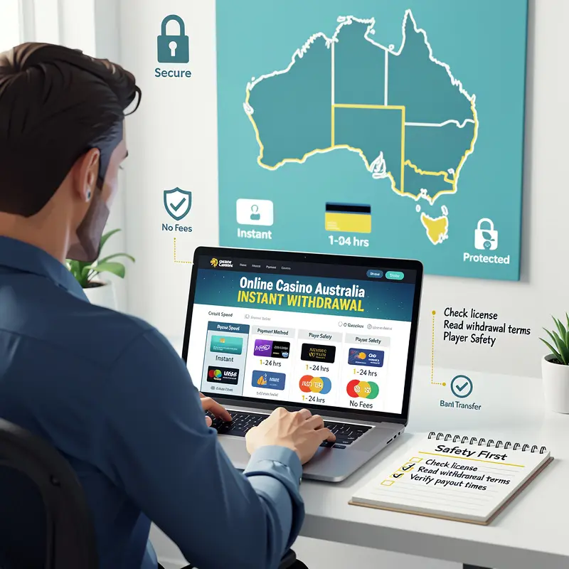 A player reviews Online Casino Australia Instant Withdrawal information on a laptop with payment and safety notes visible.