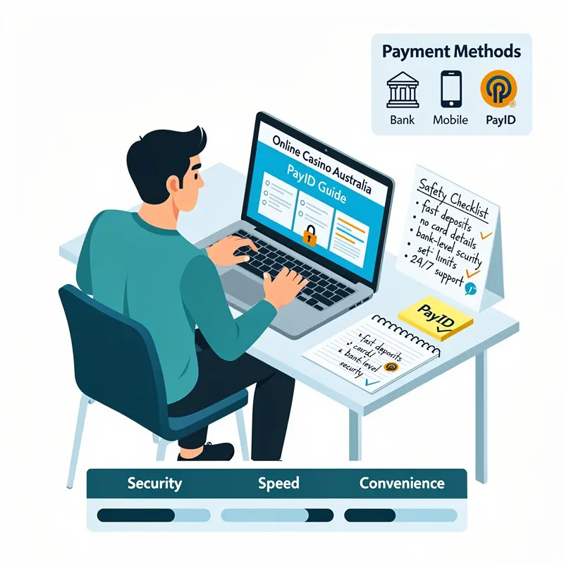 A player reviews Online Casino Australia PayID information on a laptop with payment and safety notes visible.