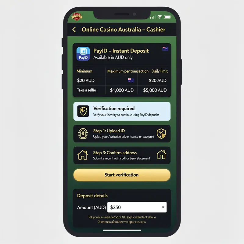 A mobile casino cashier screen shows Australian dollar limits and verification prompts for Online Casino Australia PayID.