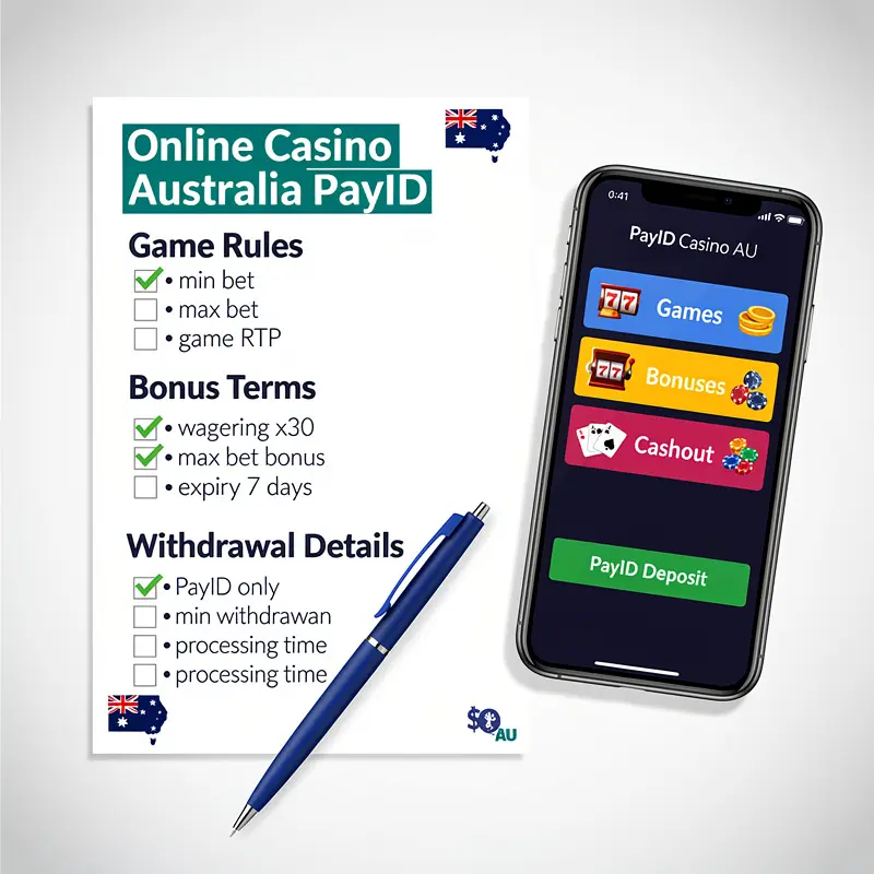 A checklist beside a phone helps compare game rules, bonus terms and withdrawal details for Online Casino Australia PayID.