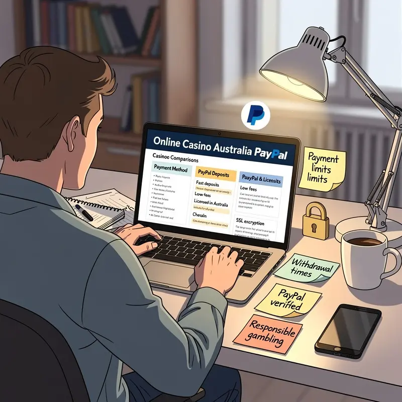 A player reviews Online Casino Australia PayPal information on a laptop with payment and safety notes visible.