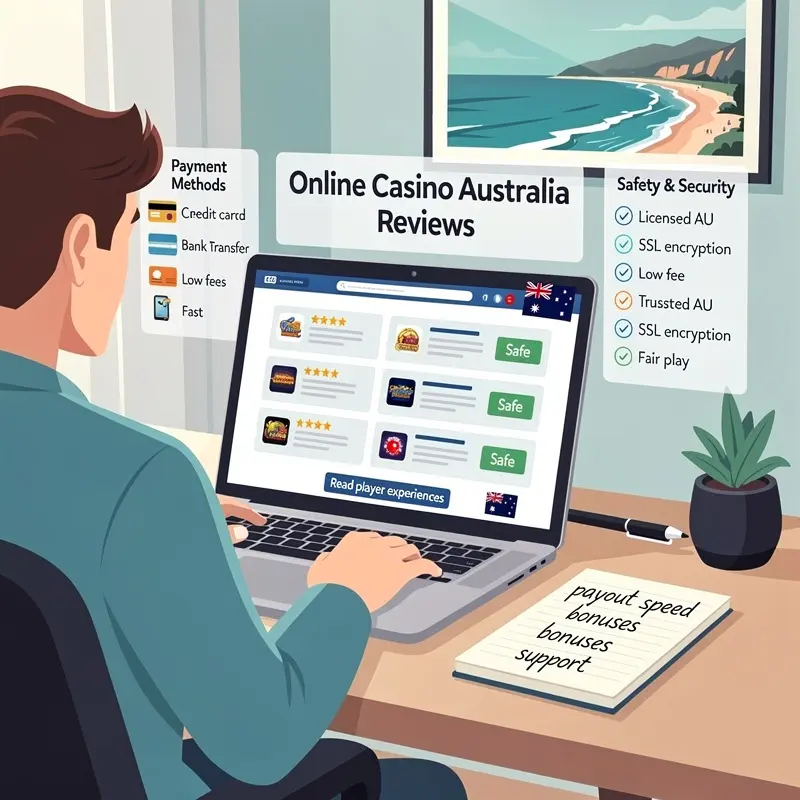 A player reviews Online Casino Australia Reviews information on a laptop with payment and safety notes visible.