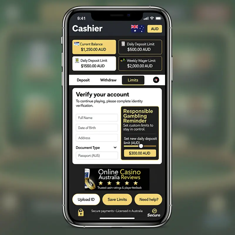 A mobile casino cashier screen shows Australian dollar limits and verification prompts for Online Casino Australia Reviews.