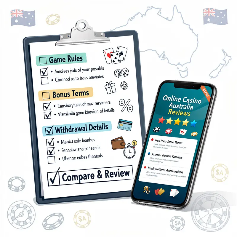 A checklist beside a phone helps compare game rules, bonus terms and withdrawal details for Online Casino Australia Reviews.