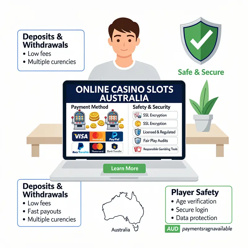 A player reviews Online Casino Slots Australia information on a laptop with payment and safety notes visible.