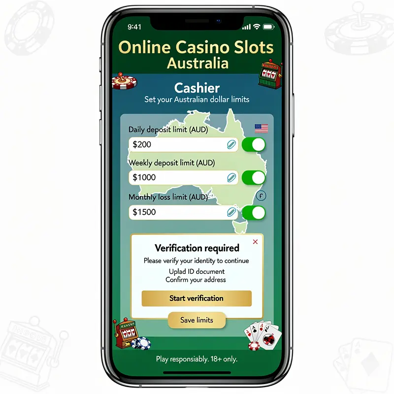 A mobile casino cashier screen shows Australian dollar limits and verification prompts for Online Casino Slots Australia.