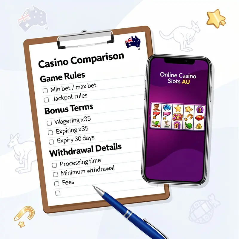 A checklist beside a phone helps compare game rules, bonus terms and withdrawal details for Online Casino Slots Australia.