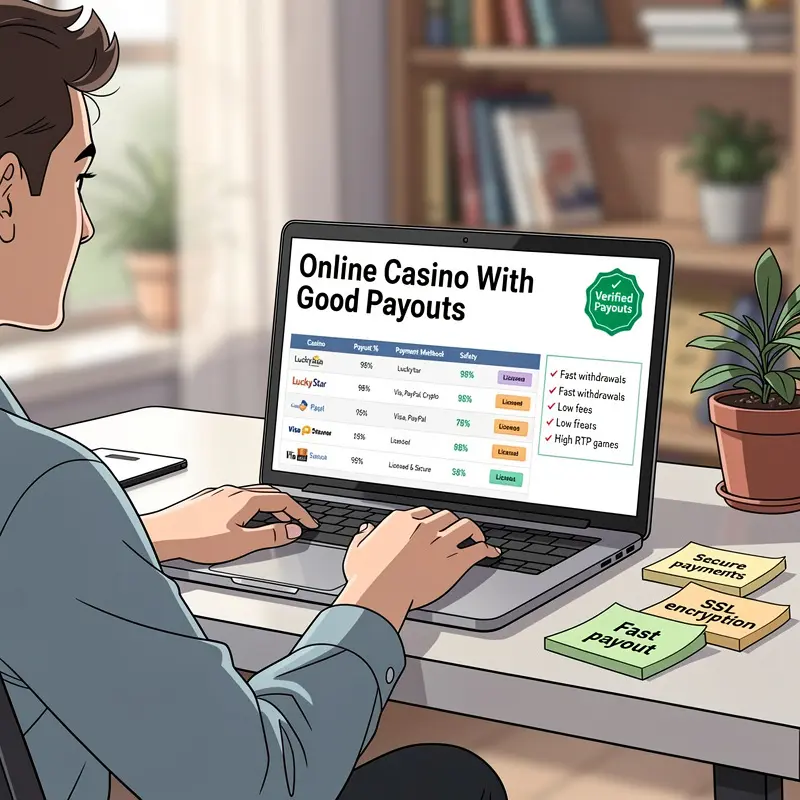 A player reviews Online Casino With Good Payouts information on a laptop with payment and safety notes visible.