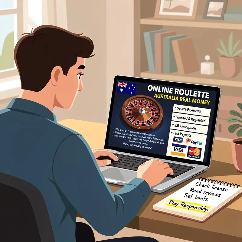 A player reviews Online Roulette Australia Real Money information on a laptop with payment and safety notes visible.