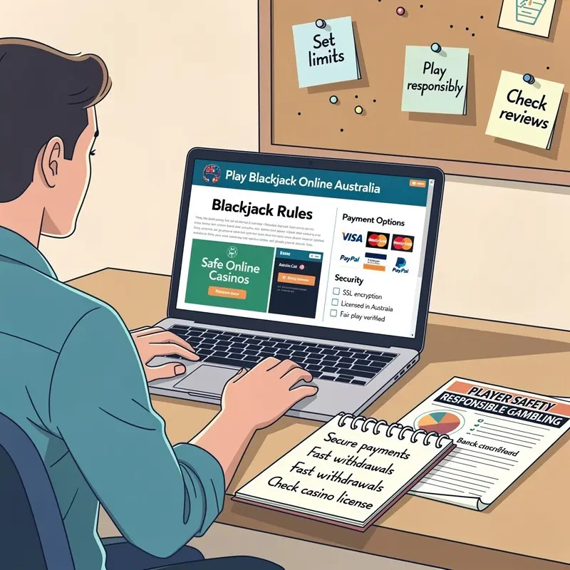 A player reviews Play Blackjack Online Australia information on a laptop with payment and safety notes visible.