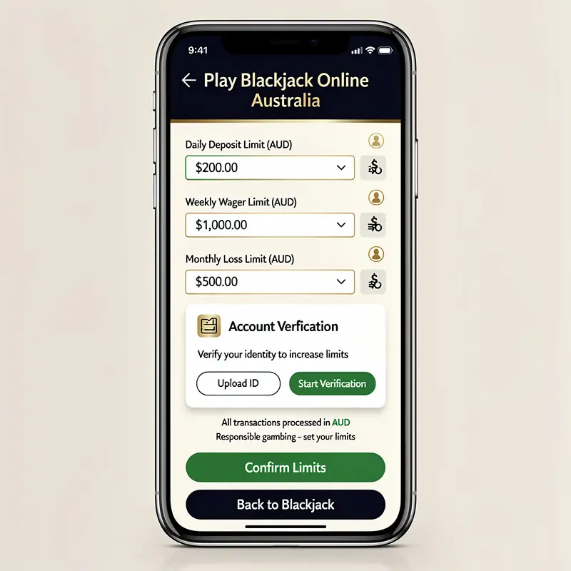 A mobile casino cashier screen shows Australian dollar limits and verification prompts for Play Blackjack Online Australia.